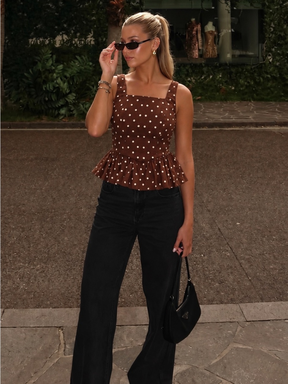 Avec Les Filles Brown Polka Dot Linen Peplum Corset Top NWT XS